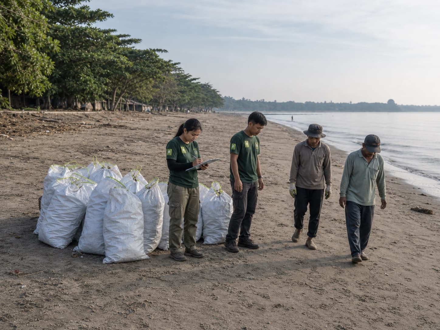 Ilustrasi anggota Lokaphala dan warga lokal memeriksa pantai bersih serta karung hasil kegiatan