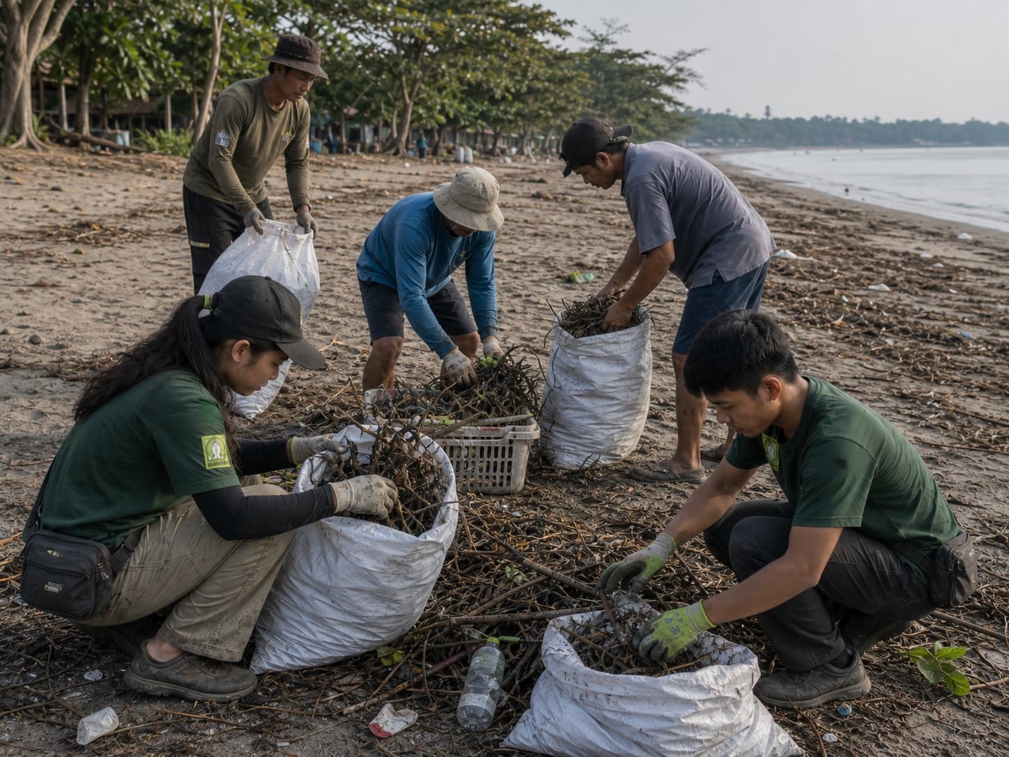 Ilustrasi anggota Lokaphala dan warga lokal memilah sampah pantai ke dalam karung