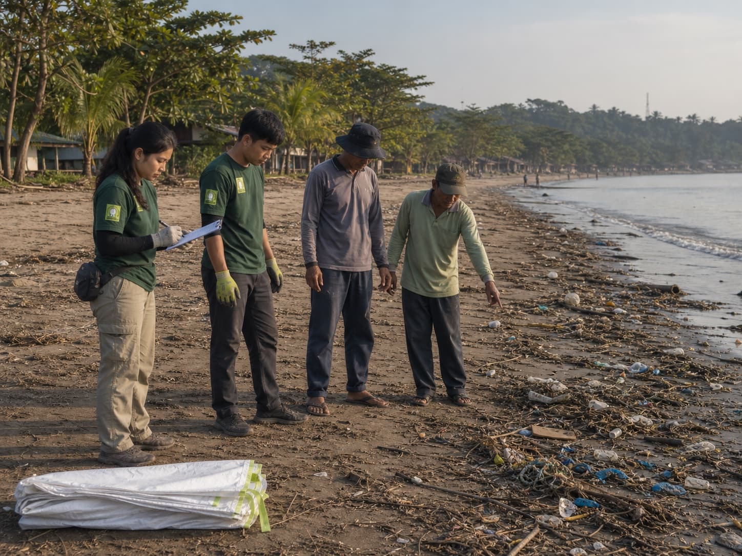 Ilustrasi anggota Lokaphala dan warga lokal menilai kondisi sampah Pantai Pondok Bali