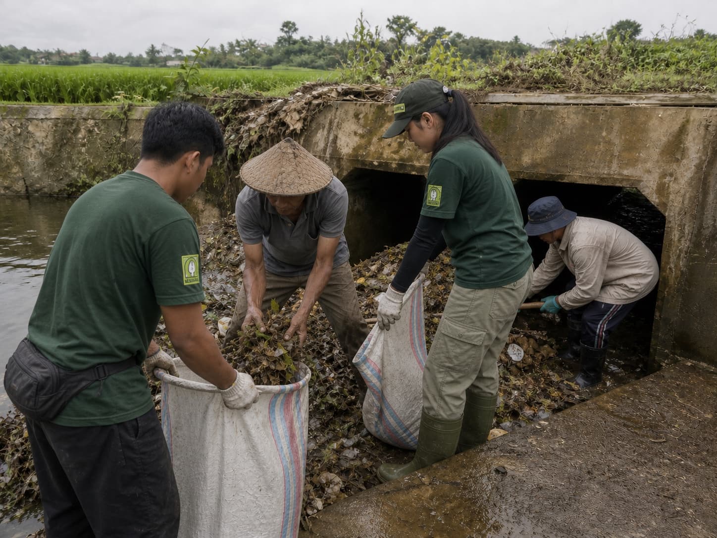 Ilustrasi anggota Lokaphala dan warga lokal mengangkat sampah dari gorong-gorong Cilamaya