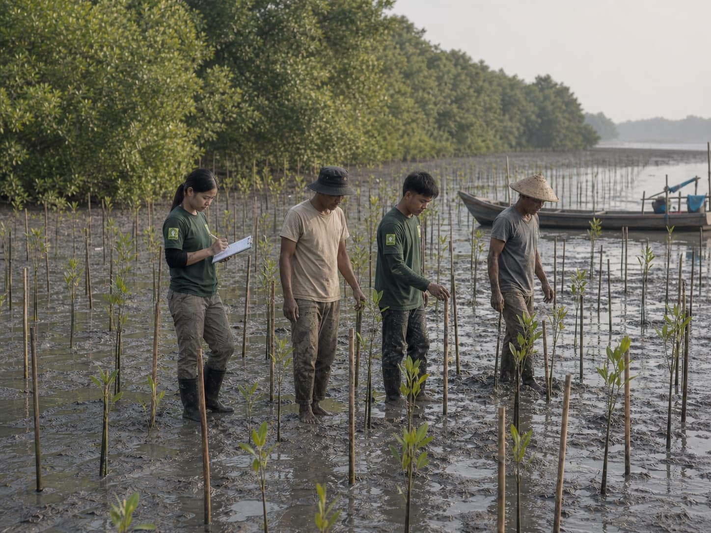 Ilustrasi anggota Lokaphala dan nelayan lokal memonitor barisan mangrove yang baru ditanam