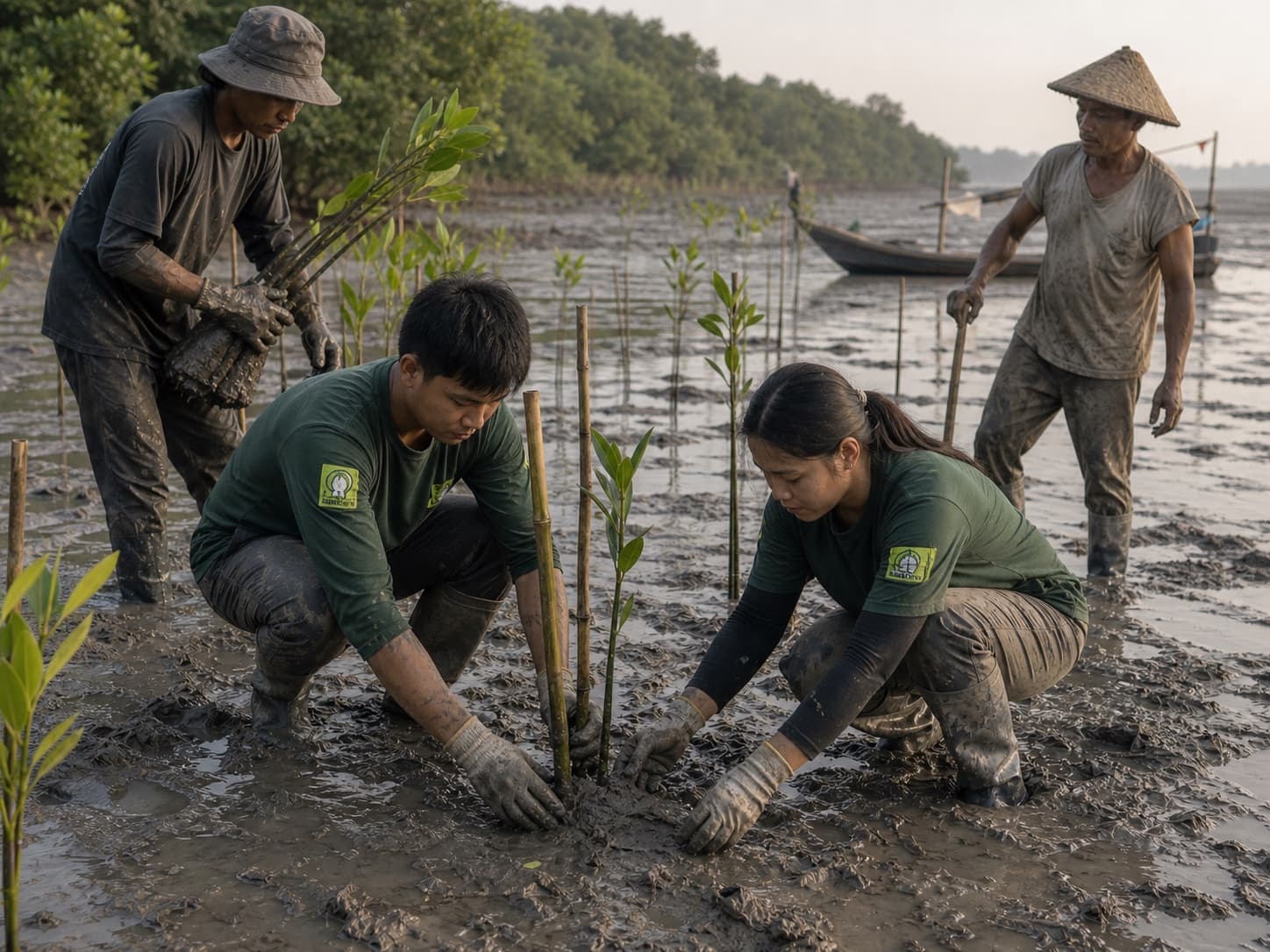 Ilustrasi anggota Lokaphala dan nelayan lokal menanam serta memasang ajir mangrove