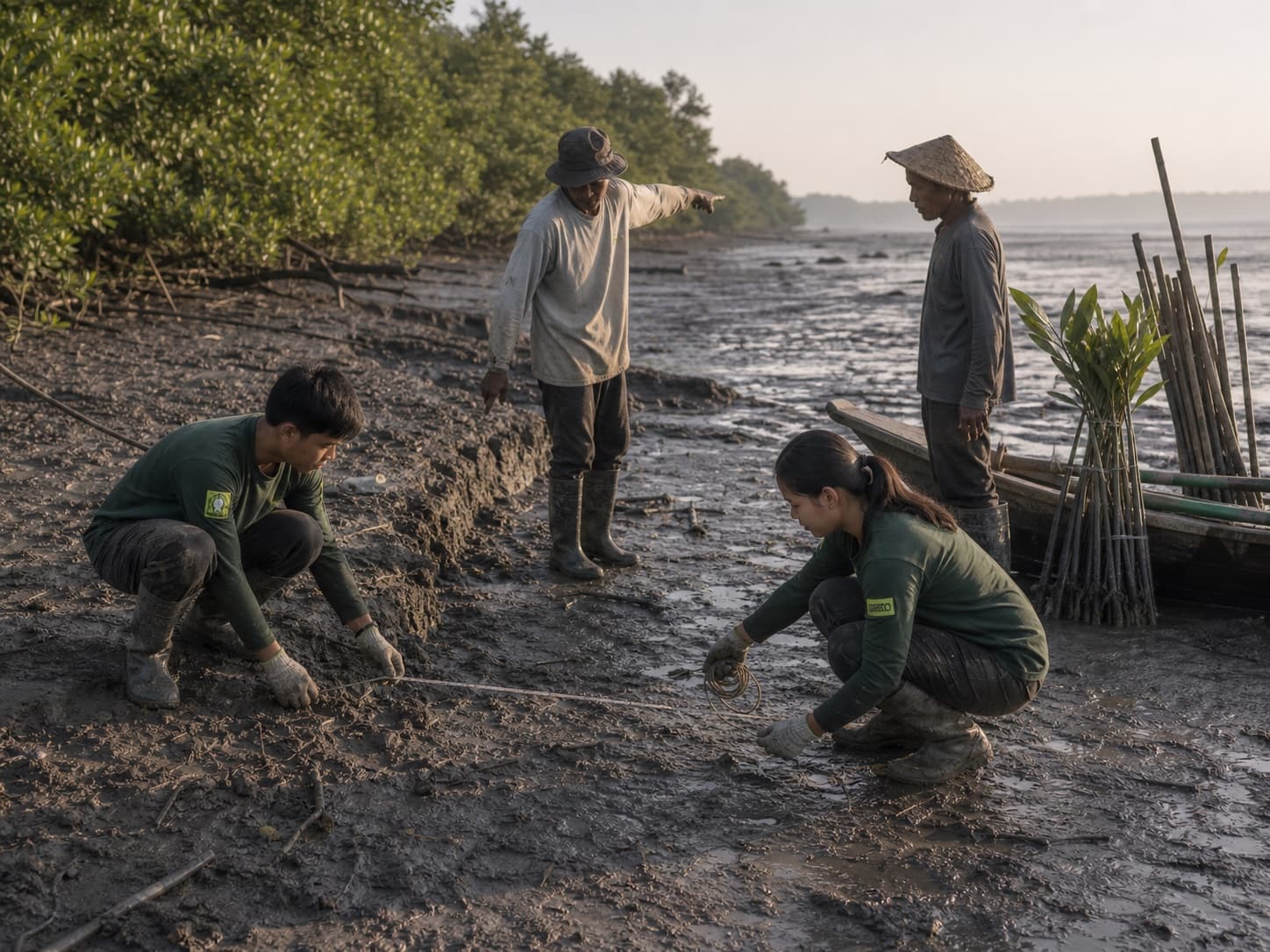 Ilustrasi anggota Lokaphala dan nelayan lokal mengukur area tanam mangrove Blanakan