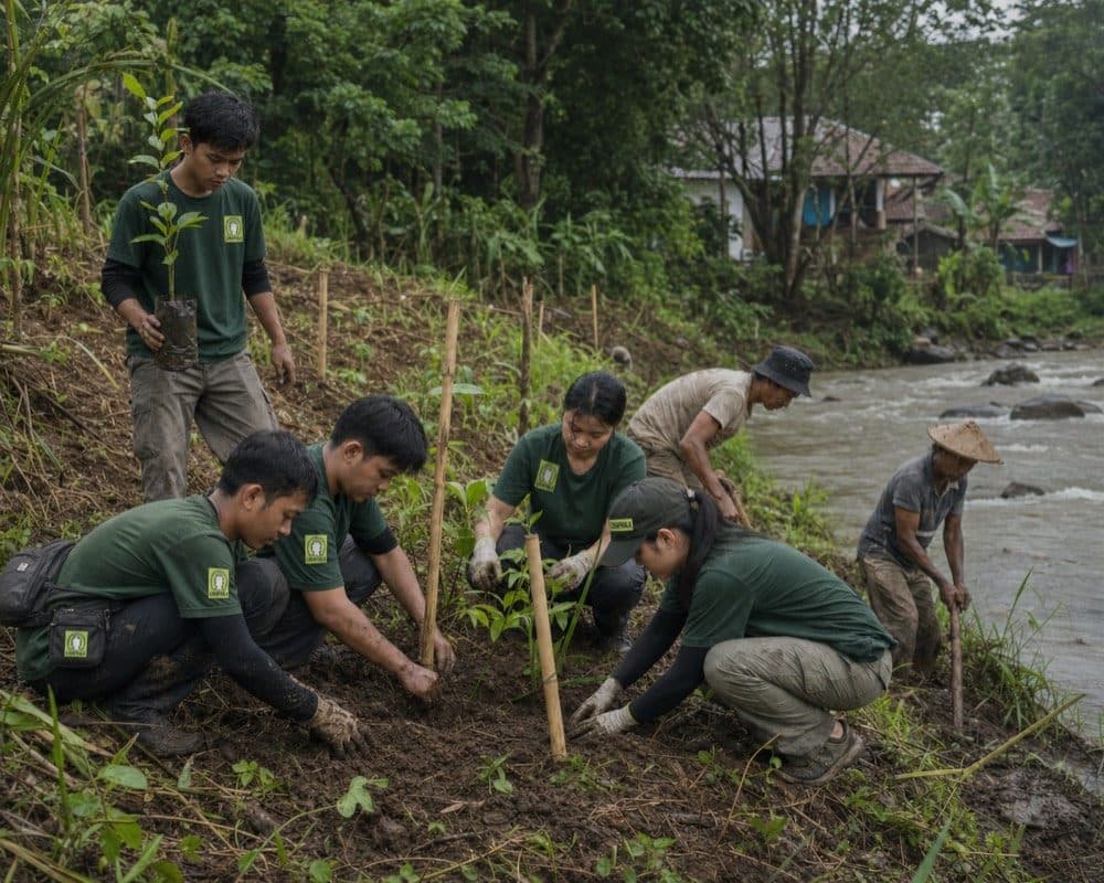 Anggota Lokaphala dan warga menanam bibit di tebing sungai, sebagian menancapkan ajir bambu penopang.