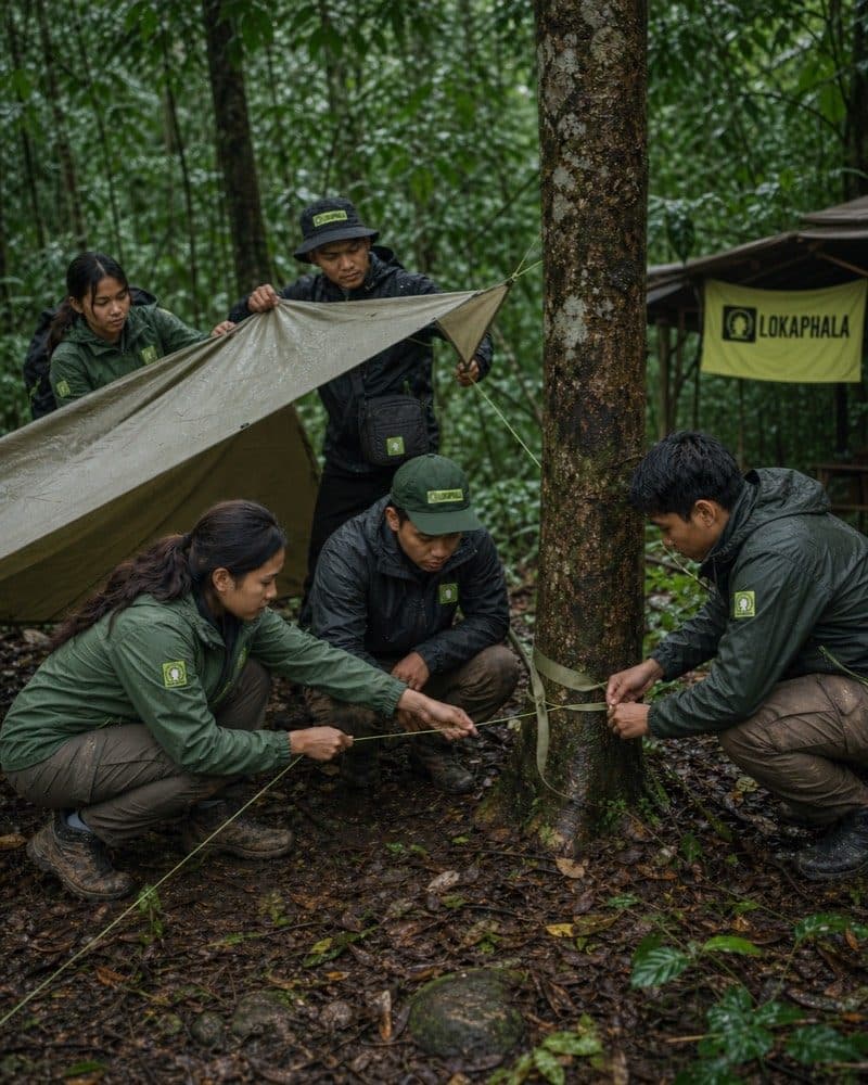 Peserta diklatsar membentangkan bivak dan mengikat tali pada batang pohon di hutan saat hujan.