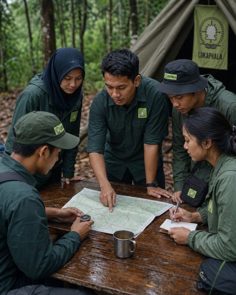 Kader Lokaphala mengelilingi meja kayu di depan tenda, menunjuk rute pada peta topografi sambil memegang kompas.