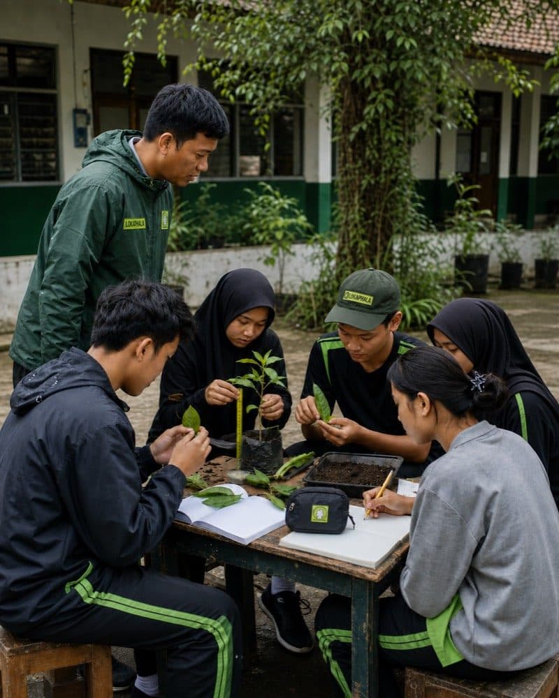 Siswa SMA mengamati bibit dan daun di halaman sekolah, mengukur tinggi semai dan mencatatnya, didampingi pembina Lokaphala.