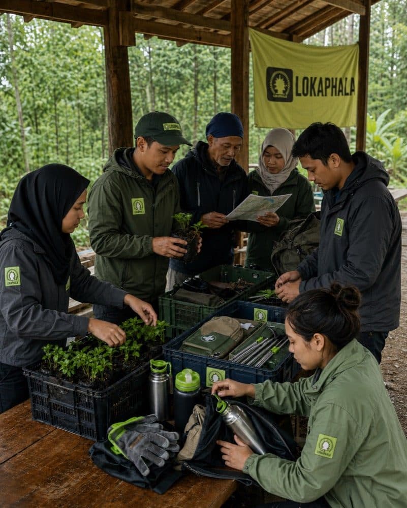 Relawan segala usia menyiapkan peti bibit, perlengkapan lapangan, dan kotak P3K di bawah saung berpanji Lokaphala.