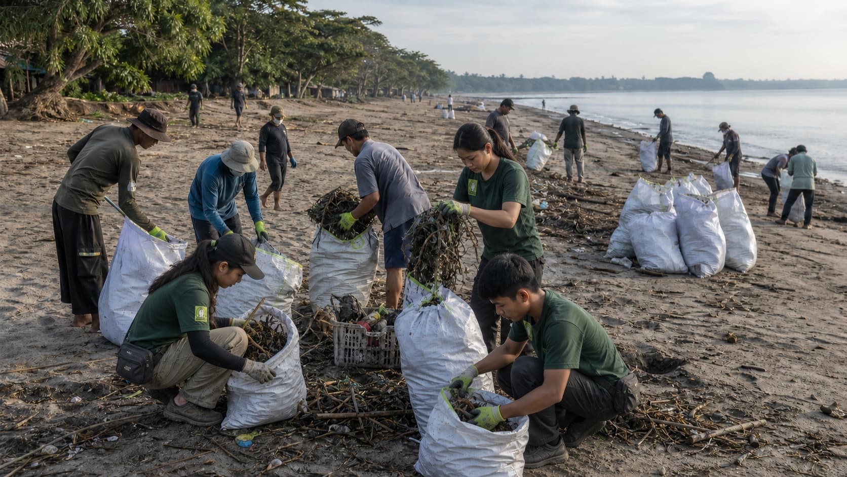 Ilustrasi anggota Lokaphala dan warga lokal memilah sampah di Pantai Pondok Bali