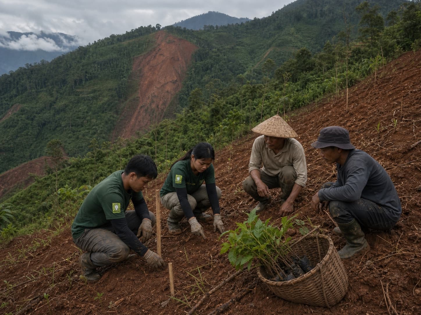 Ilustrasi anggota Lokaphala dan petani lokal menandai kontur lereng pasca-longsor