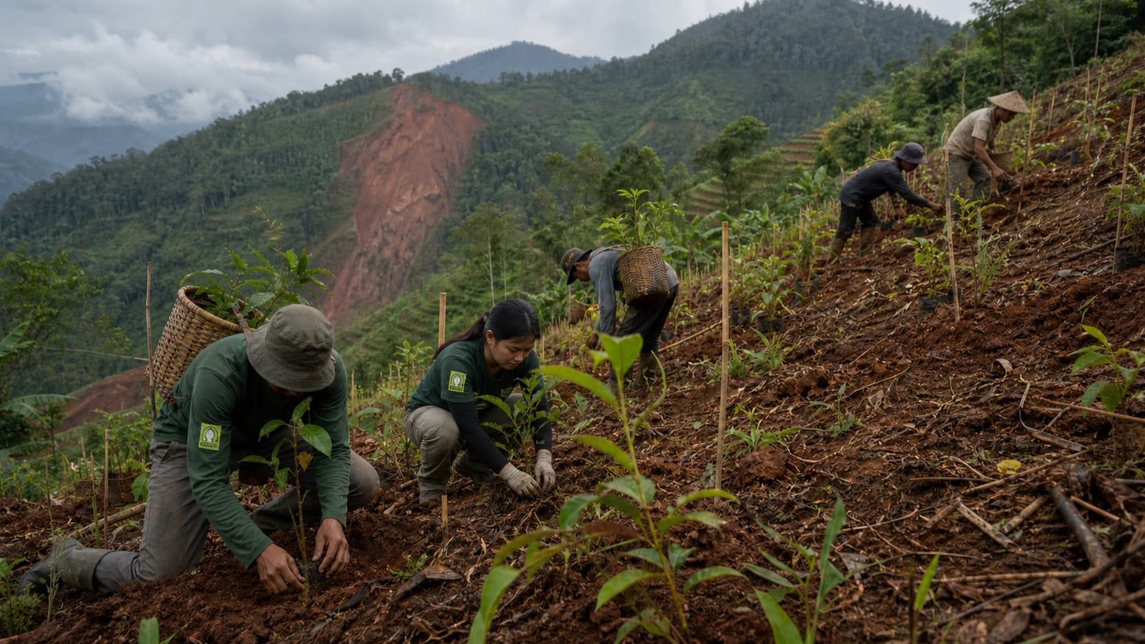 Ilustrasi anggota Lokaphala dan petani lokal menanam bibit di lereng pasca-longsor