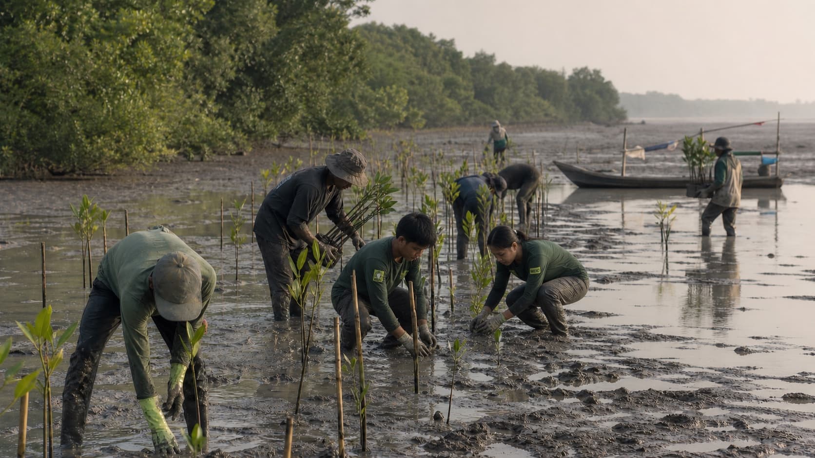 Ilustrasi anggota Lokaphala dan warga pesisir menanam mangrove di Blanakan