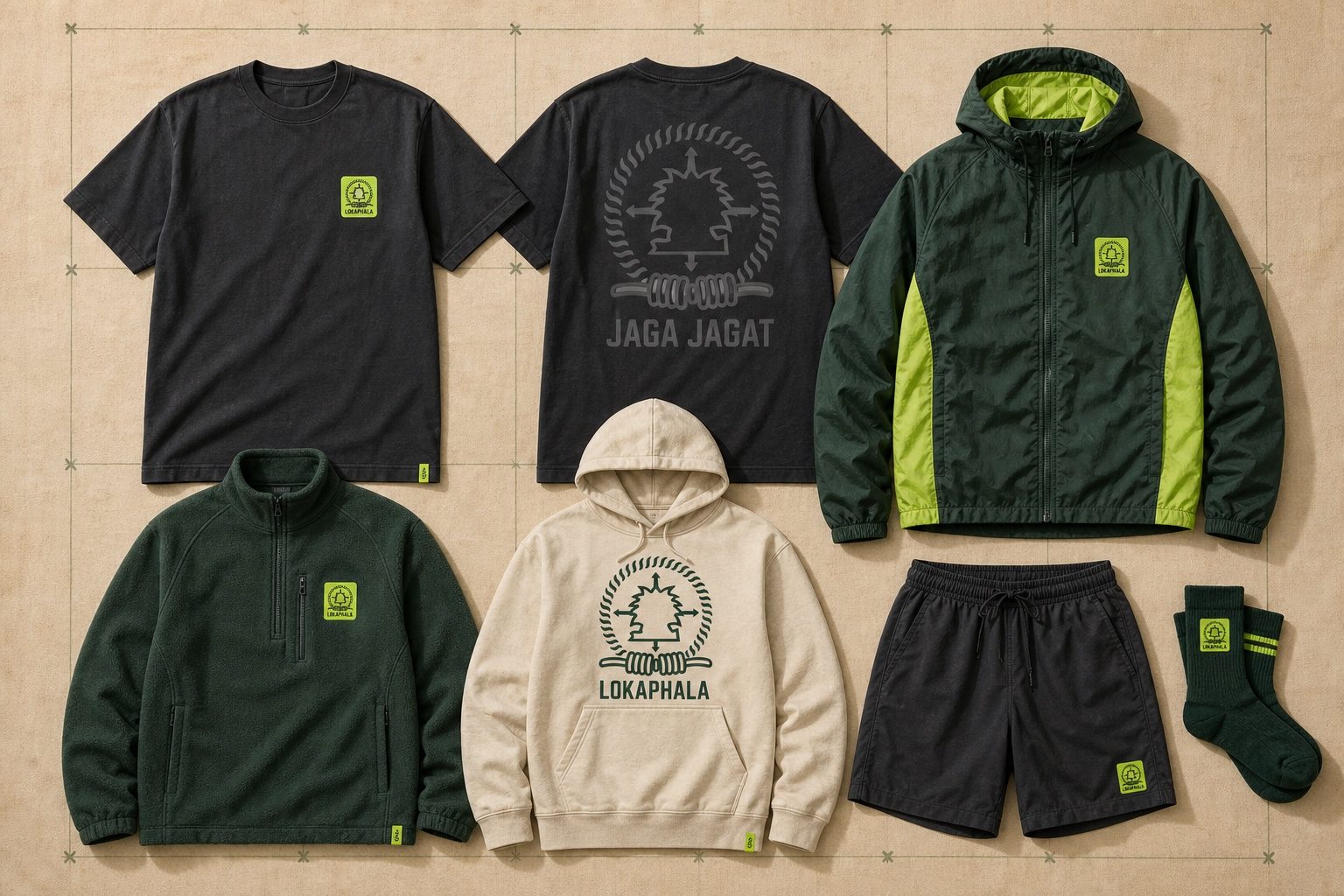 Koleksi apparel Lokaphala berupa kaos, windbreaker, fleece, hoodie, celana pendek, dan kaus kaki