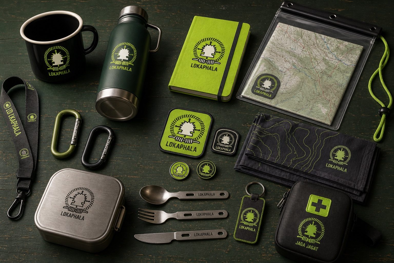 Perlengkapan kecil Lokaphala seperti tumbler, mug, notebook, patch, dan alat makan