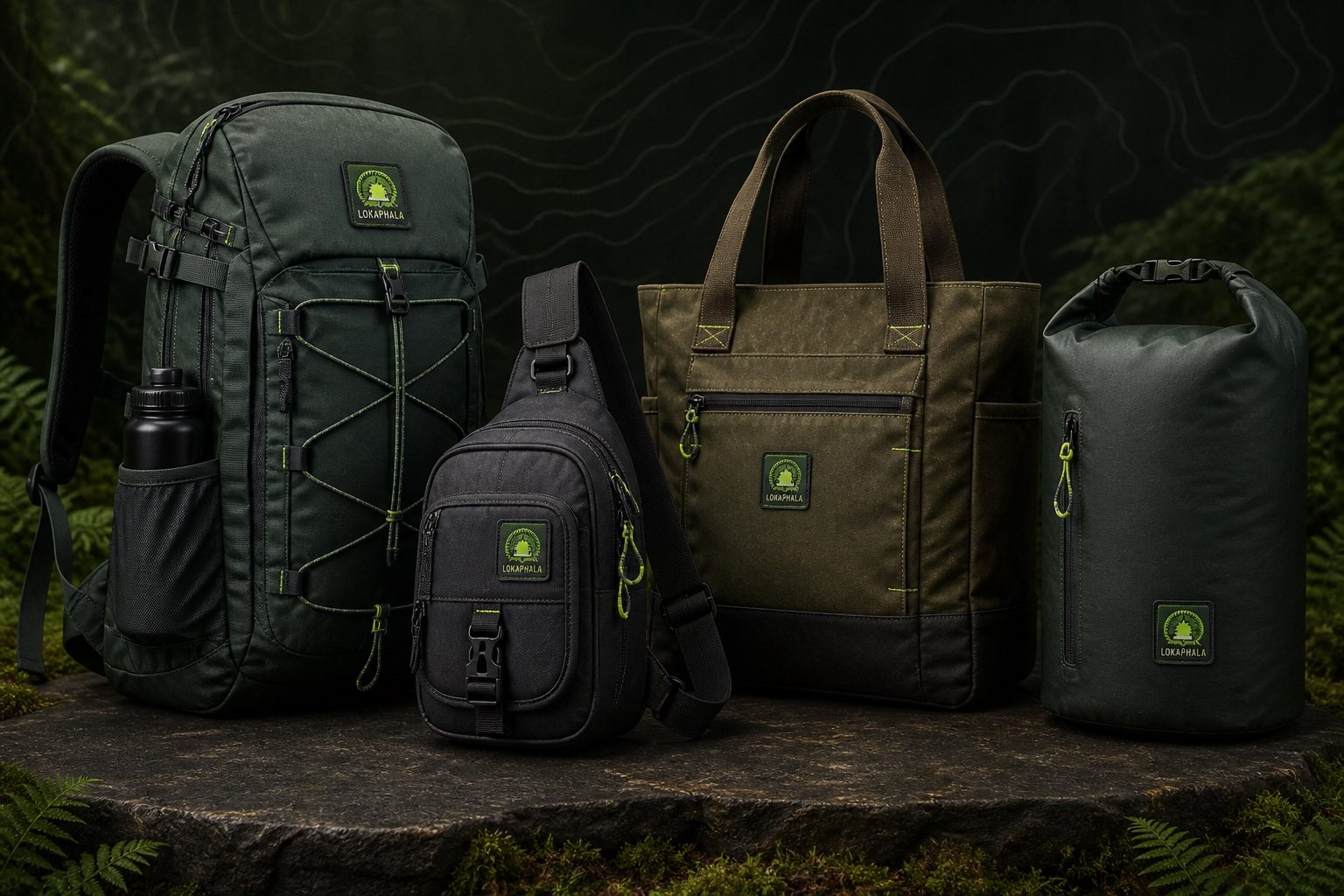 Koleksi tas Lokaphala berupa daypack, sling bag, tote, dan dry bag
