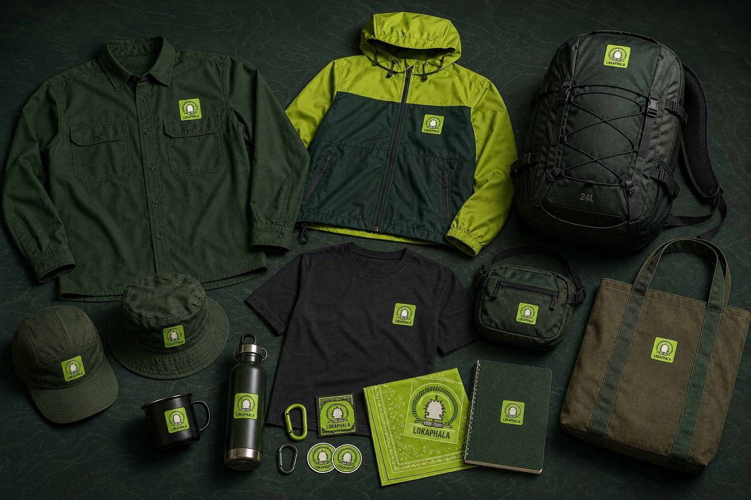 Koleksi merchandise Lokaphala berupa seragam, jaket, topi, tas, dan perlengkapan lapangan
